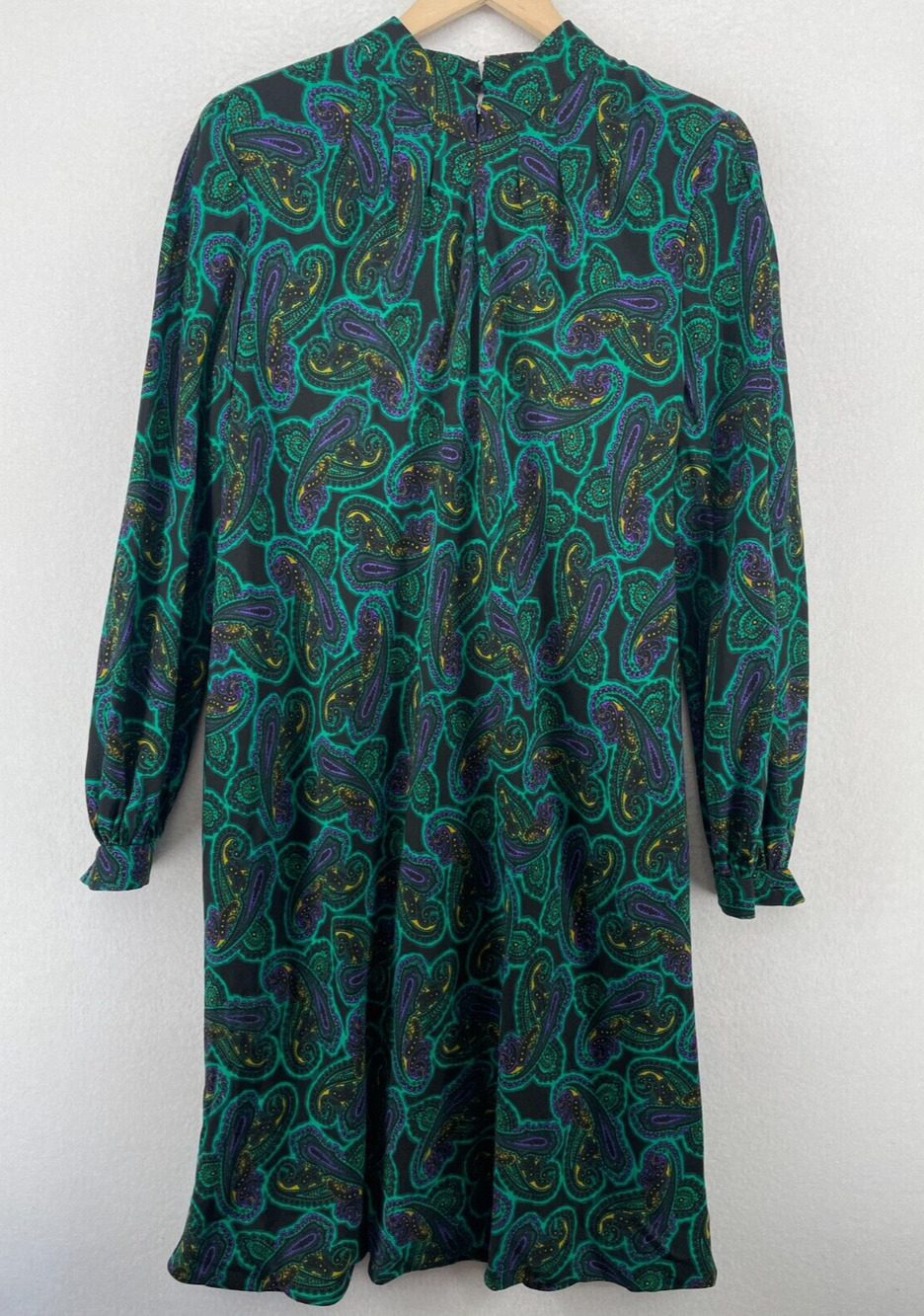 Vintage PAULINE TRIGERE Dress M Shift Paisley Mock Neck Balloon Sleeve Green USA
